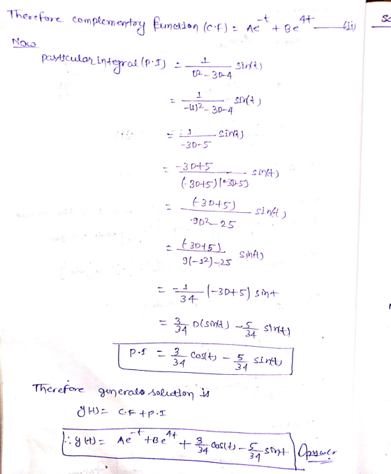 Therefore complementary function (Cf) = ne* +8244 Noco Presticular integral (PIJ) 1 Sirit) D2 - 3D-4 1 SAM) -412_30-4 Sinit)