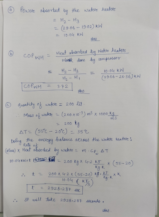 a Powere absorbed by the water heatere = H₂ - H₂ (29.06 - 19:02) kW 10.04 kW sus COP WH - Heat abrorbed by Water heaters Wond
