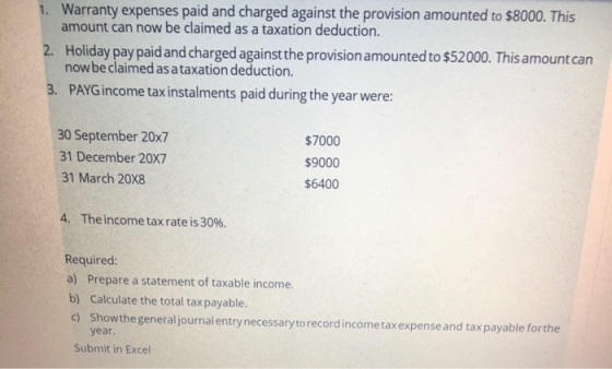 1. Warranty expenses paid and charged against the provision amounted to $8000. This amount can now be claimed as a taxation d