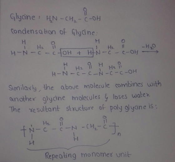 11 Glycine : HN - CH2 - C-OH condensation of Glycine: Н H H₂ i H₂ -H₂O H-N-c - ctoH + c toH + HAN-C HEN-c-c-OH H H2 H-N-c-c-N