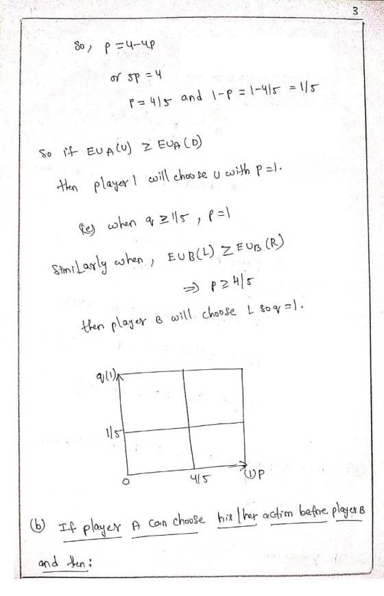 So, p=4-up or sp=4 p=415 and 1-p = 1-415 = 1/5 So if EU ACUJ Z EUA (D) then player I will choose u with pal. 1=). || 42 ام و