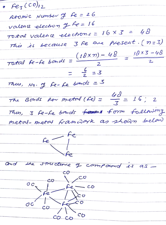 he= 16 valene electo .וי tus us because 3 Re aue nese ht.(วา=3) 70tol pe-fe bonds 2. 2. 2. Then, 3 Re-fe bardsfemom Fo.eln F
