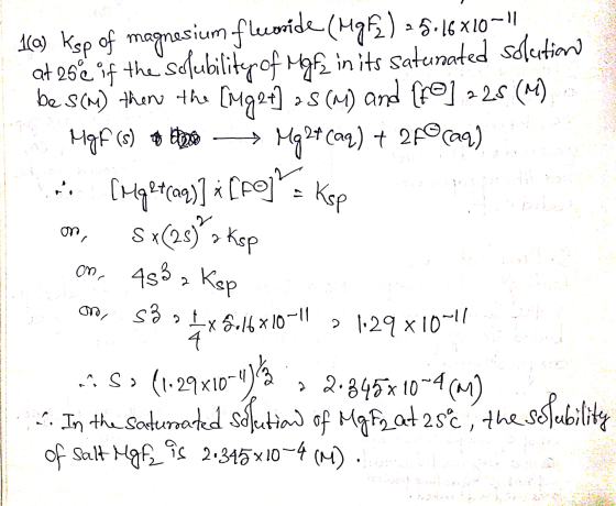 160) Ksp of magnesium flecoride (Mg) 26.1610-|| at 252 if the solubility of Myf in its saturated solutions be S(M) then the [