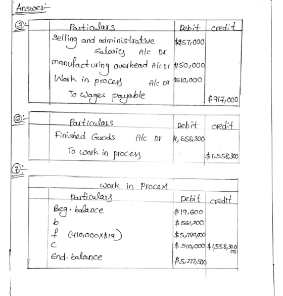 3 Answers Posticulars Debit credit Selling and administrative $257,000 - salaries Alc Do manufacturing overhead Alcor $150,00