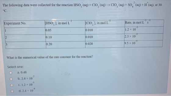 2- The following data were collected for the reaction HSO, (aq) + CIO, (aq) → CIO, (aq) + so (aq) + H (aq), at 30 °C. 1 Exper