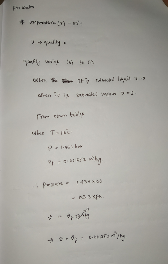 For water a temperature (T) = 110°C a quality o quality varies (0) to (1) When It is saturated liquid a=0 othen it is saturat