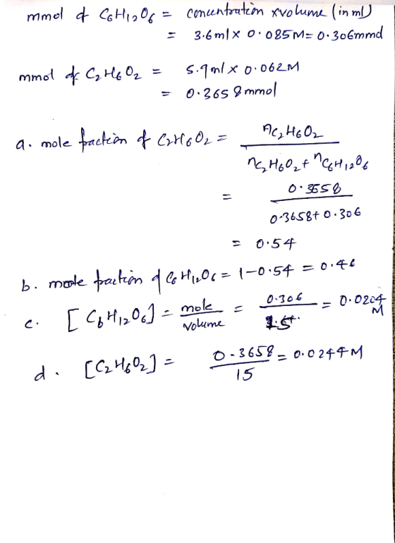 mmol + CGH12O6 = = conuentoatzon xvolume (in ml) 3.6m1 x 0.085M=0:306mmd mmol of C₂ H6 O₂ = 5.9mix 0.062m = 0.365 2 mmol a. m