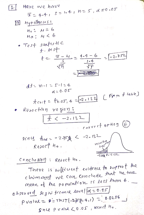 (1.1 Here we have ー チ·チ! Hypotheses: Ha: 시< 6 e Test sHafrc tr 死ーんーー4-9-6 一2·132 on 0 There is gute λ ent evidence to wrroat c laimand we can conclude that he tu