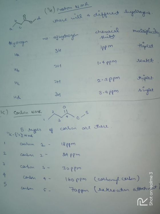 roton NMR (H) Proton NMR e will 4 different legelrogens. w there فیمیهمل multiplicite no. of hydrogen sluft Hydrogen triplet