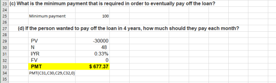 23 (c) What is the minimum payment that is required in order to eventually pay off the loan? 24 25 Minimum payment 100 26 27