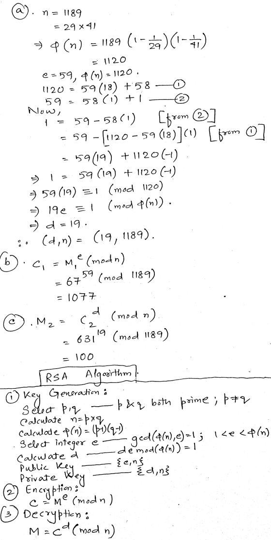 2 59 Now, n = 1189 = 29x41 & (n) = 1189 (-a)(1-7) = 1120 @=59, 4 (n) = 1120. 120=59(18) +58 58 (0) + 1 = 59 -58(1) (from ② 59