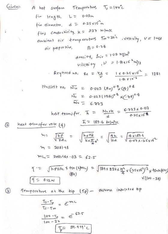 Given Temperature, Ts = 100% A hot surface fin length fin diameter, 0.03m 1 Pr=0.78 d = 0.25x10m fins conductivity, K= 237 wi