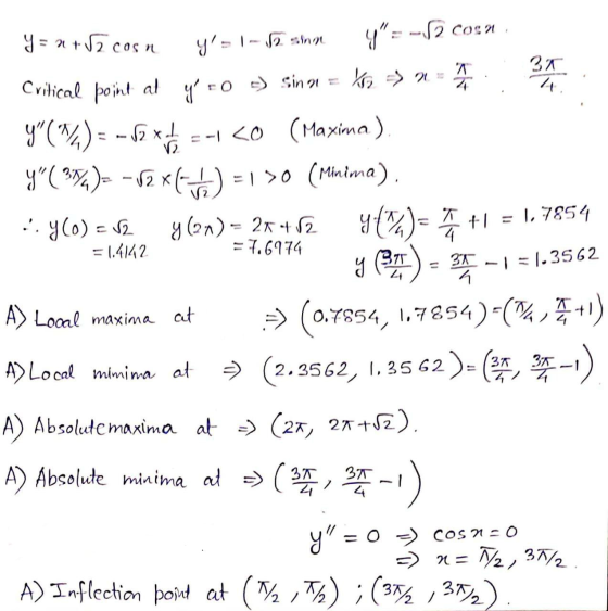 21 sin 2 COS ? = 1.4142 = 7.6974 Y= a +57 cosn y=1-17. samm 6=-12 coor , Critical point al y = 0 =) sine = kam > 2 Y(m2) =