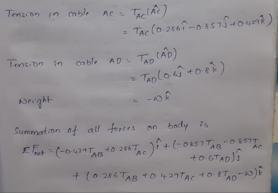 Tension in cable AC = TACIAC) TAC (0.2867 -0.8579 +0.42918) Tension in cable AD - TAO CAD) Tanlond to.ph) Neight -W on +(-0.8