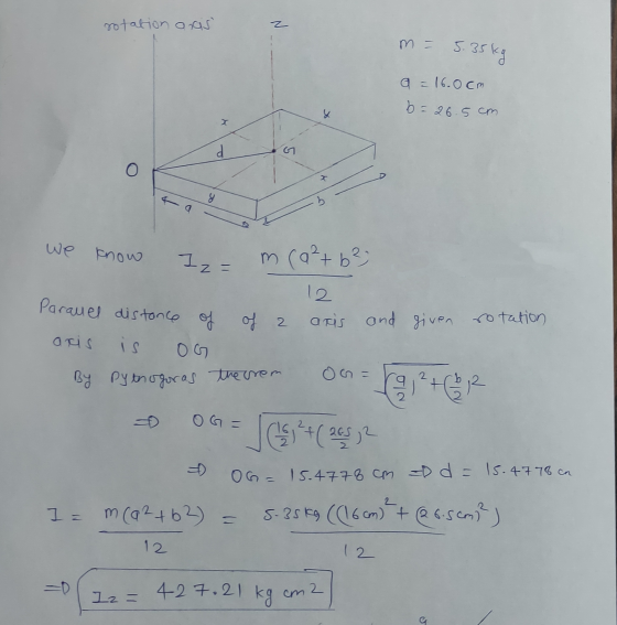 rotation onas Z m = 5.35kg a = 16.0cm B= 26.5cm h & 8 We know I mca²+ b ² 10 of a axis Parauel distance of axis is OG and giv
