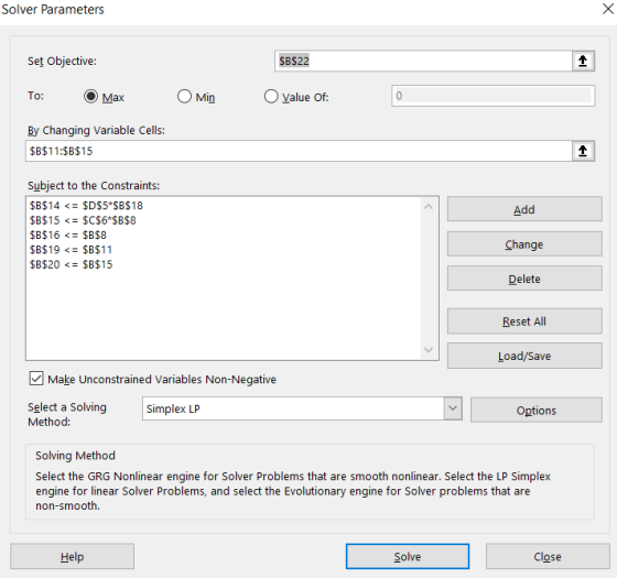 Solver Parameters Set Objective: $B$22 To: O Max Min value of: By Changing Variable Cells: $B$11:$B$15 Add Subject to the Con