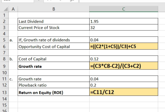 B 1.95 Last Dividend Current Price of Stock 32 5 a. mo If, Growth rate of dividends Opportunity Cost of Capital 0.04 =((C2*(1