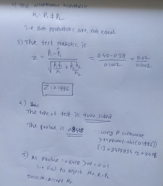 2) The alternative hypothesis H. P, EP Jul Both proportions are not equal 3) The test statistic is < ß -Ñ 0.40 -0.38 0.02 0.1