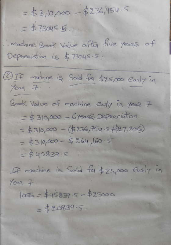 = $3,10,000 - $236,954.5 - $73045.5 Machine Book Value after five years Depreciation is $73045.5. of ♡ If machine is sold for