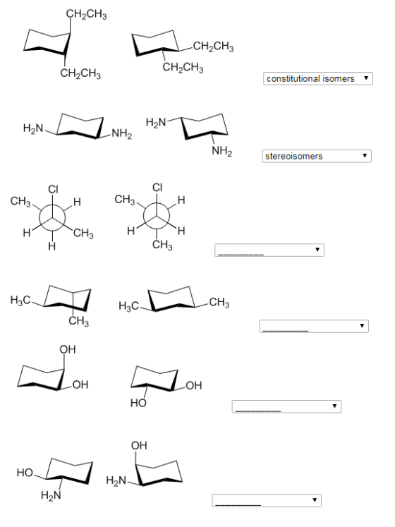 H2CH3 CH2CH3 CH2CH3 CH2CH3 constitutional isomers v NH2 stereoisomers CI CI CH3 CH3 CH3 CH3 H3C H3C CH OH OH HO OH HO H2N H2N