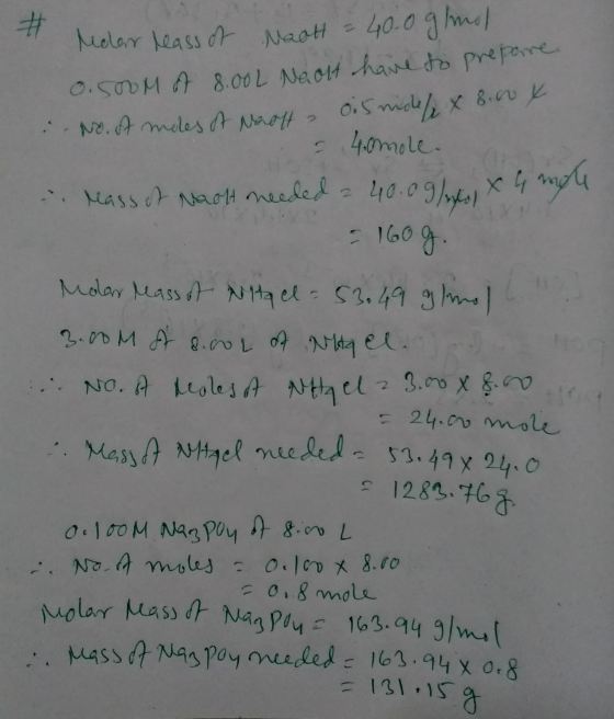 a Molar reass of mach 40.0 g/mol 0.500M of 8.00L Neolt have to prepare No. of moles of Naalta 0.5 mde/ x 8.00 x = 40mole. - M