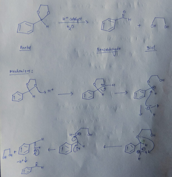 ** catalyst Ht Catalyst / + Он OH Acetal Biol Benzaldehyde Die Mechanism: OH toH H-00 OH OH HOSH oh oh 7