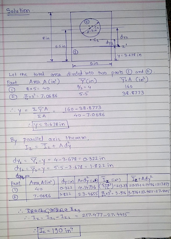 Solution 2 C2 2-3in dyz 1 dykt 5.5in 1) y=3.678 in 50 4 LA Let the artea total Area A (in) divided into two parts and 2. y c