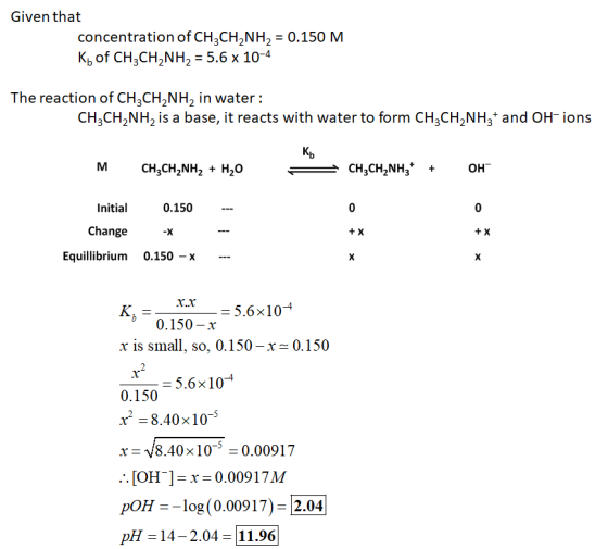 Given that concentration of CH2CH,NH, 0.150 M Kb of CH3CH NH2 = 5.6 x 10-4 The reaction of CH2CHNH, in water : CH3CH2NH2 is a