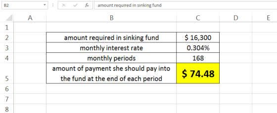 fox amount required in sinking fund A В C D E 1 $16,300 2 amount required in sinking fund monthly interest rate 3 0.304% 4 mo