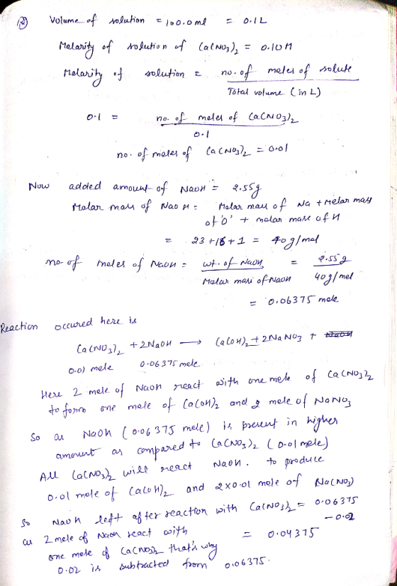 Volume of solution - 100.ome 01L Malarity of solution of Calmus), = 0.101 Malarity of solution : no. of males of solute Total