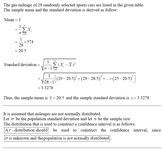 The gas mileage of 28 randomly selected sports cars are listed in the given table. The sample mean and the standard deviation