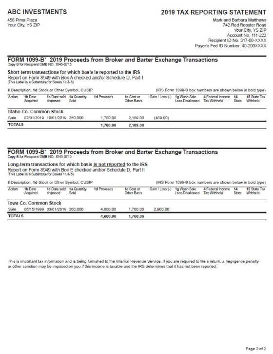 ABC INVESTMENTS 2019 TAX REPORTING STATEMENT 456 Pima Plaza Mark and Barbara Matthews Your City, YS ZIP 742 Red Rooster Road