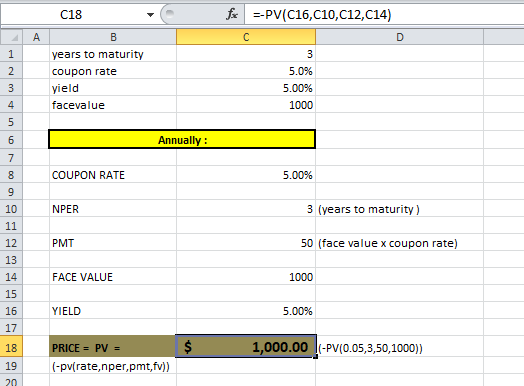 C18 e f x --PV(C16,010,012,014) years to maturity coupon rate yield facevalue 5.0% 5.00% 1000 og von Annually: COUPON RATE 5.