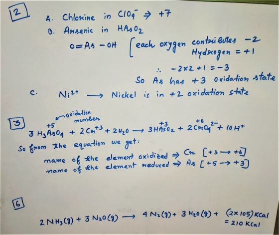 2. A. Chloxine in Cl04 +7 B. Amsenic in HAs02 contoi Butes-2 O As-OH each Hydxogen - 2x2 -3 As has +3 O ridation state Nickel