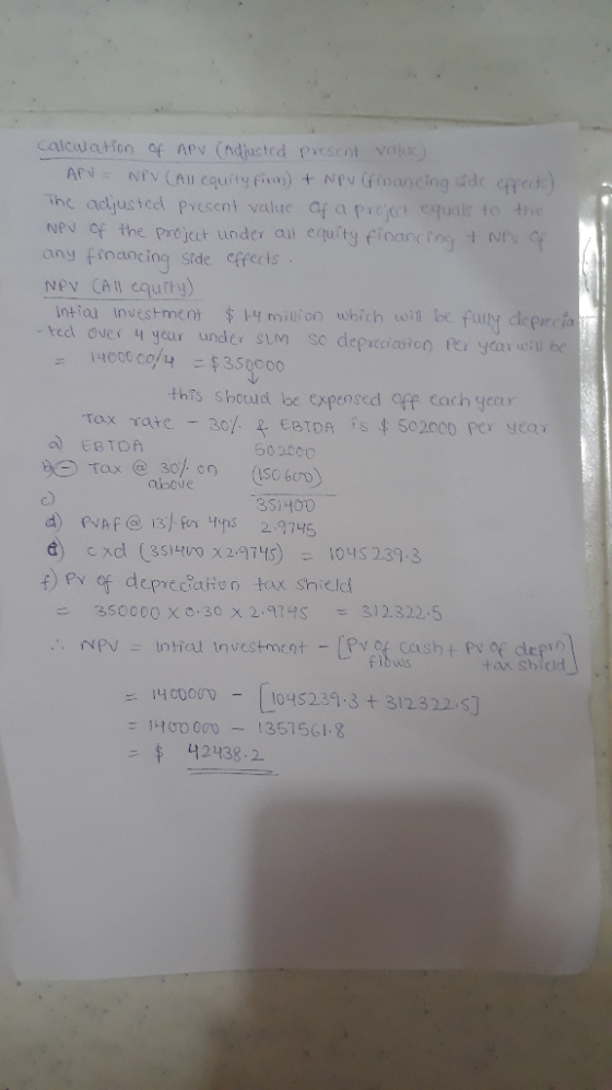 calculation of APV (Adjusted present volue) APV = NPV (All equity firm) + Nou (financing ade effects) The adjusted present va
