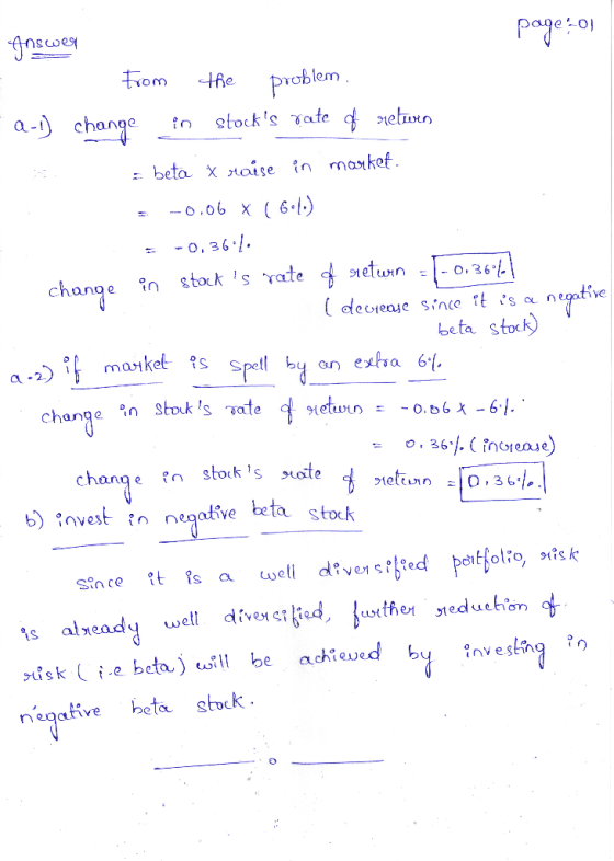 Answer page:01 1. From the problem. ca-1) change in stocks rate of rieturen = beta x raise in market. = -0.06 x ( 6:10) = -0