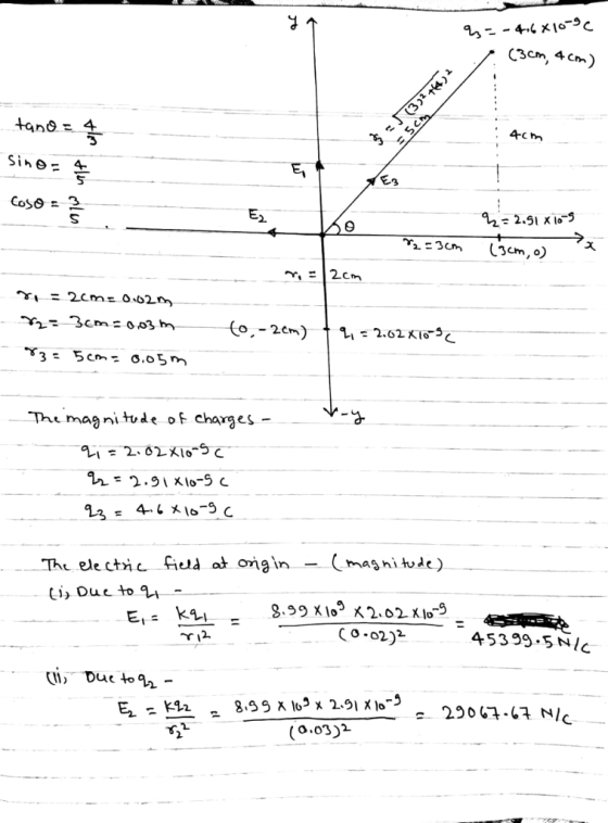 C3cm, 4 m) A-chm E3 2 2cm The magnitude oF charges - 2.91 X10-5 C ele ctc fie at onain mashitode) Due to 9.99 Xlo5 x202 x ls 4539.S NIC i, Duc to- K12 - 8- (0.03)2