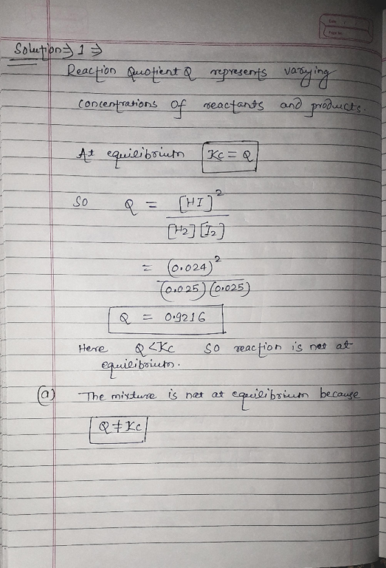 Solutions) 1 Reaction quotient a concentrations of represents reactants varying and products. At equilibrium Kc = al so Q = [