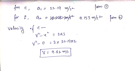 from ☺ for c, a,= 22:19 m/s from for E, as a tourtrands 9. 133 m/s Velocity of e- V-4 = 295 . V2-0 = 2 x 22.1982 Iv=9.42 m/s