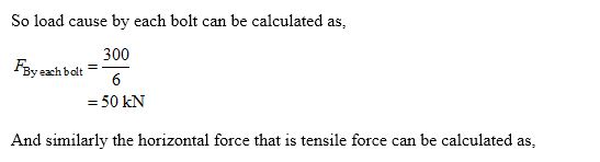 So load cause by each bolt can be calculated as, 300 FByeah balt== = 50 kN And similarly the horizontal force that is tensile