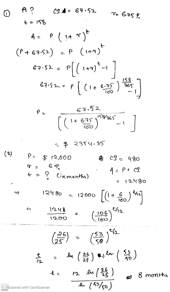 0 Pa ? C1 = 67.52 No 6.75 % ta 158 A = pl eat a rgt ( !+ (P +67.52) =P (1+r) P[(140) [(1+ 67.52 = - 11 158 67.521 P 365 (14 6