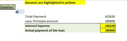 Answers are highlighted in yellow: Solution: Total Payment Less: Principle amount Interest Expense Actual payment of the loan