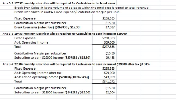 Ans B 2 17537 monthly subscriber will be required for Cablevision to be break even Break Even Sales: It is the volume of sale