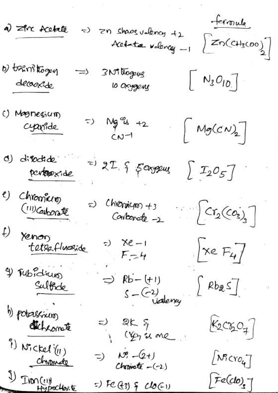 formule a) zine Acetate - an shaos valences t2 Acetata valences - zo(CH3C00)7 o trinitrogen decoxide = 3 Nitrogens о Охүмц C)