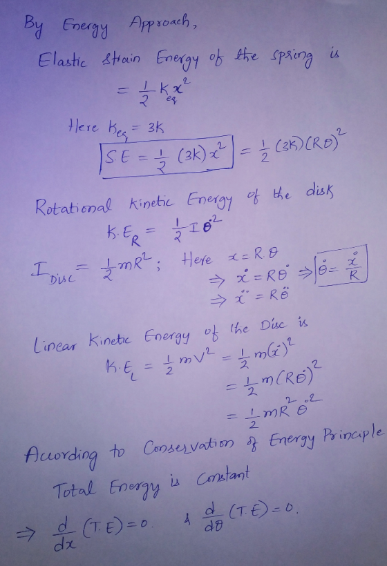 By Energy Approach, Elastic strain Energy of the spring is Here Beg= 3k SE =} (3K) x+) = (36)(RD) Rotational kinetic Energy o