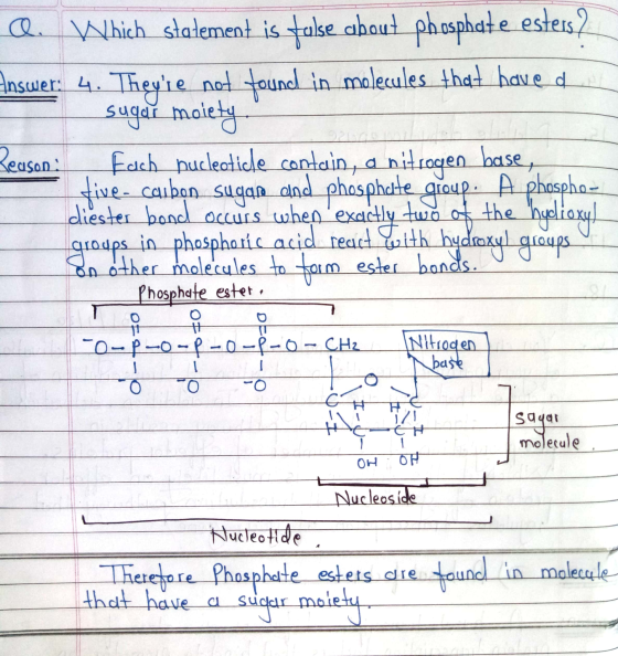 Q. Which statement is fulse about phosphate esters? Answer: 4. Theyre not found in molecules that have a sugar malety Reason