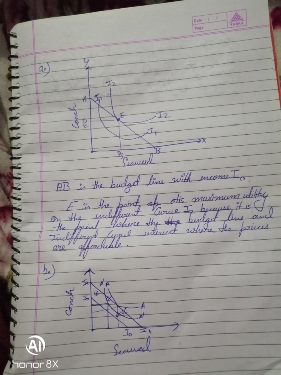 Date : Page Conch Fy Coured AB is the budget line with encome I E us the point of otis maximum utility on the encliffurent Cu