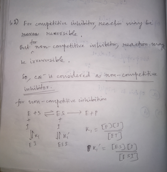 11, 2) for competitive inhibitor, reaction may be fool reves reversible, for But non competitive inhibitor, reaction may be i