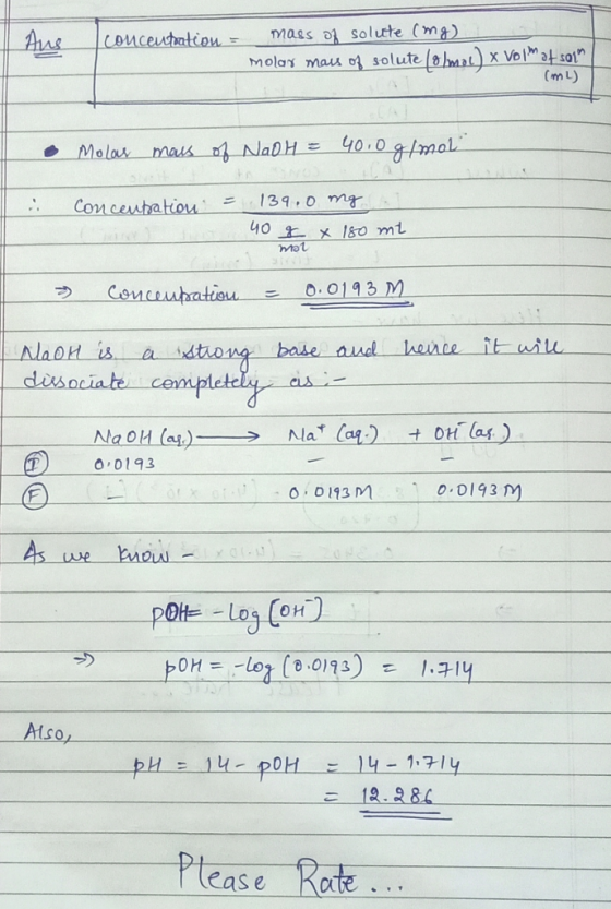 Concentration = mass of solute (mg) molar mass of solute (8/mol) x Volm af sain / (ML) • Molar mais of NaOH = 40,0 g/mol & Co