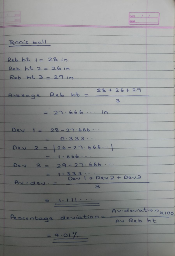 DATE PAGE Tennis ball Reb bt = 28 in Reb bt 2 = 26 in Reb bt 3 29 in 28 +26+ 29 Average Rob bt = 3 20.666 in 28-27.666 0.333